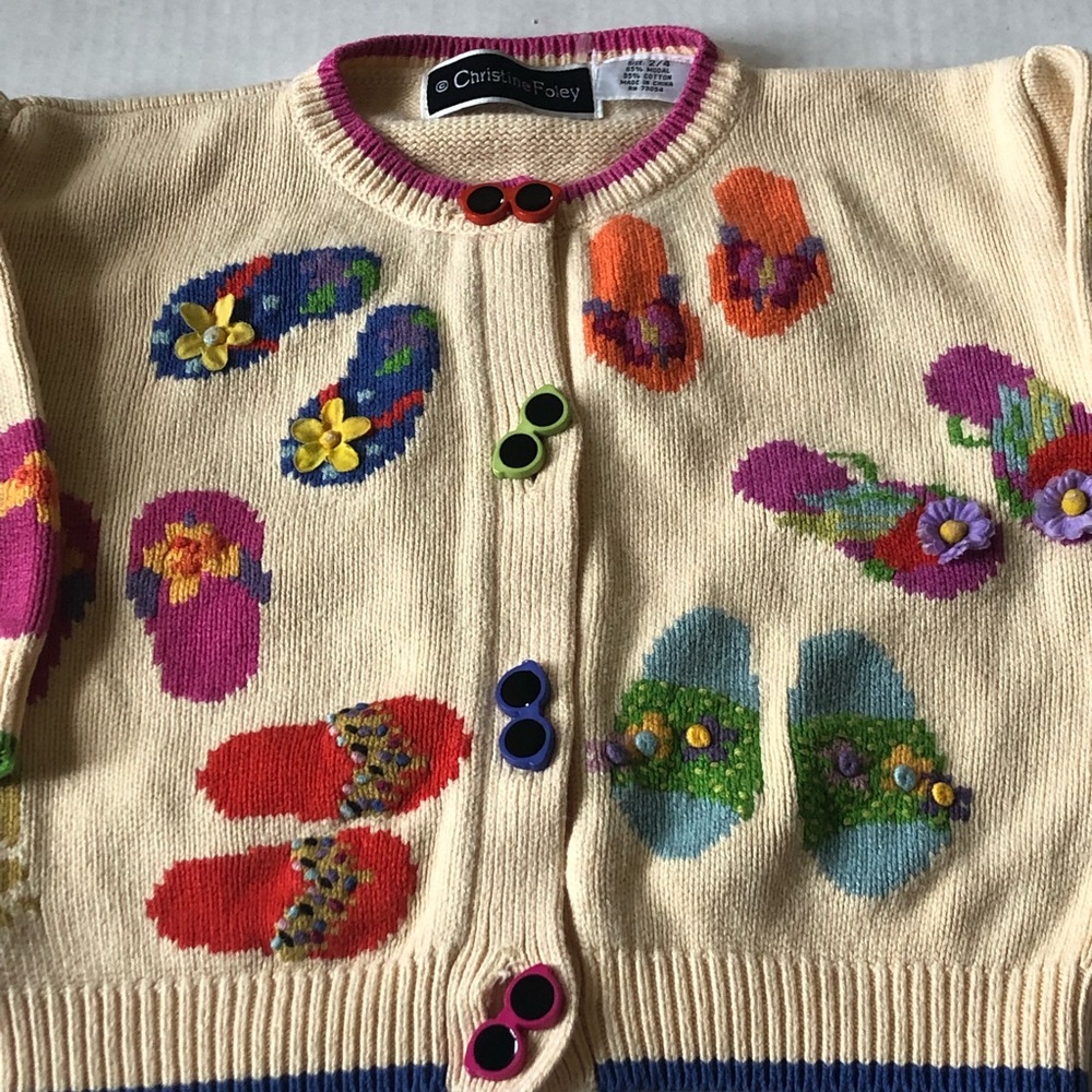 Vintage Christine Foley Cardigan with Sunglass buttons and Sandal print